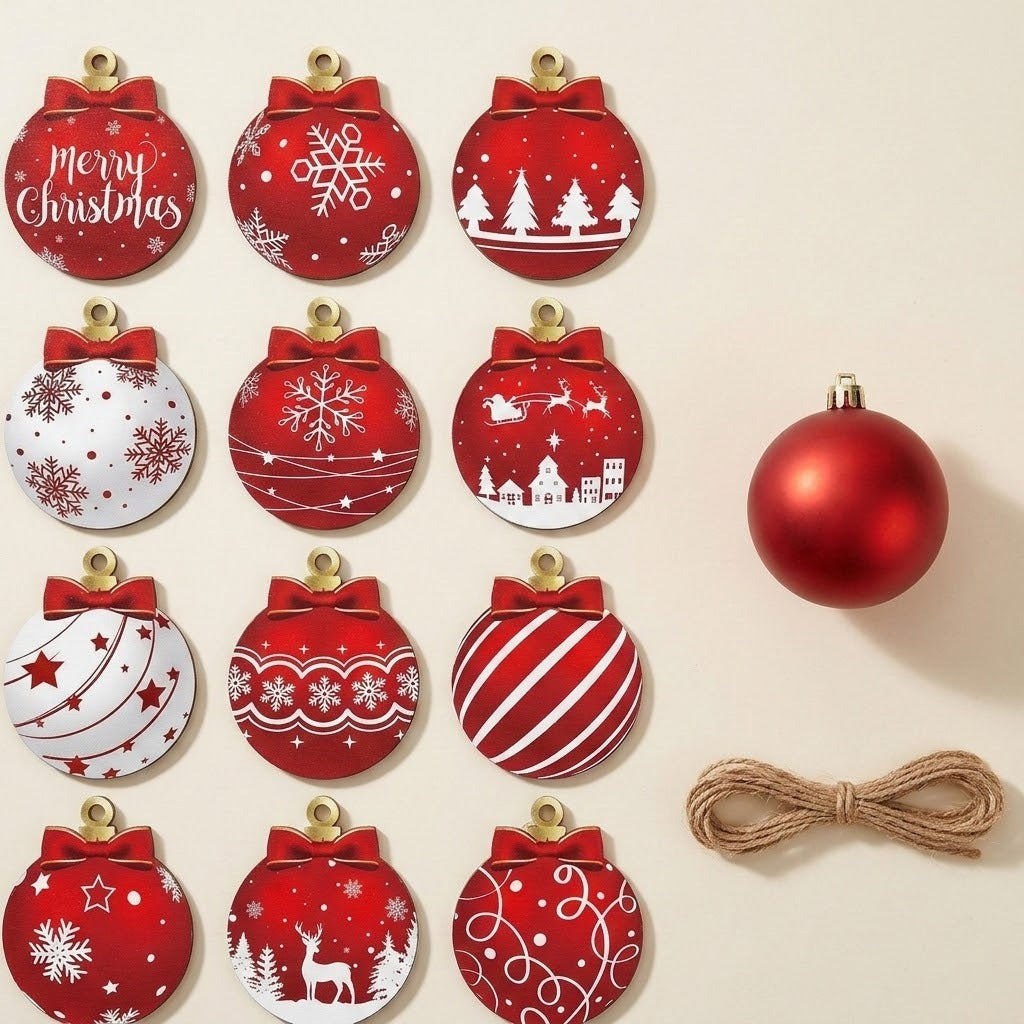 Twelve flat red and white patterned Christmas ornaments sit beside a round red bauble and bundled twine on a cream background.