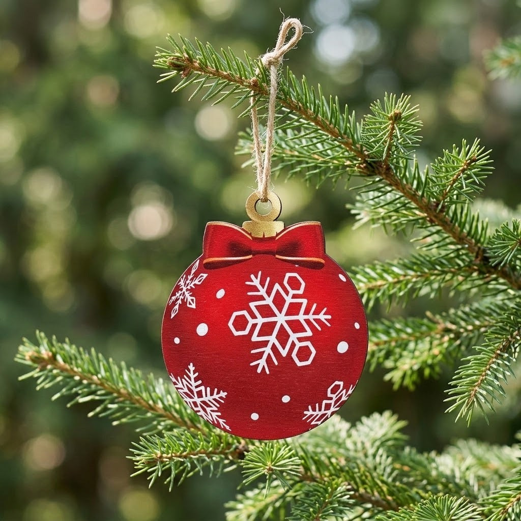 A red wooden Christmas ornament with white snowflakes hangs by natural-colored string from an evergreen branch against blurred green foliage.