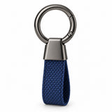 One blue Zinc Alloy Carabiner Keychain with a gunmetal ring, tapered housing, and fabric loop on white.