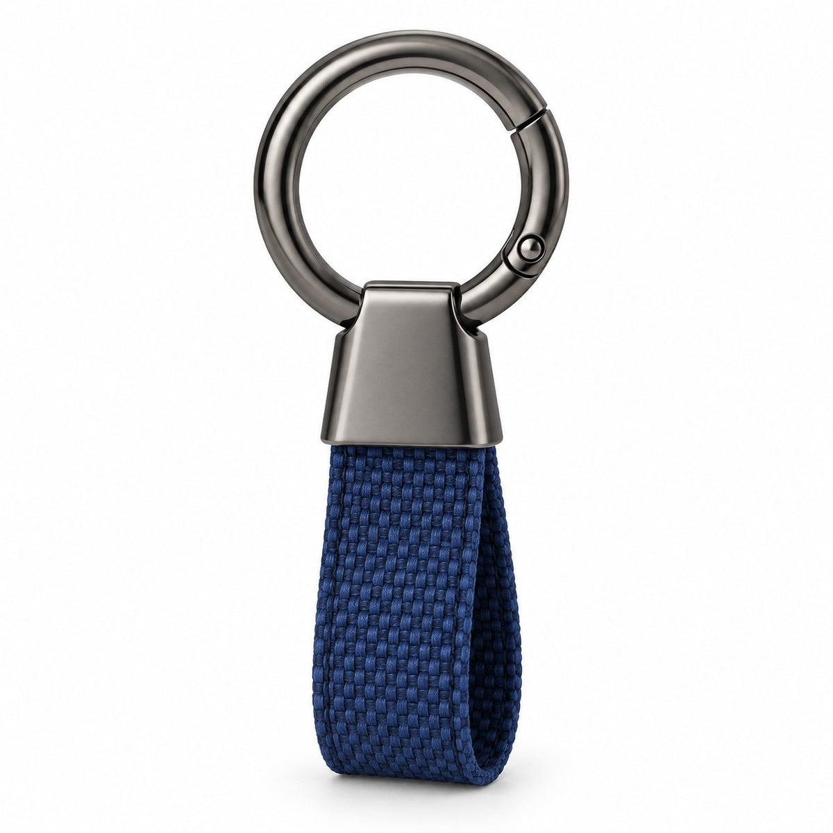 One blue Zinc Alloy Carabiner Keychain with a gunmetal ring, tapered housing, and fabric loop on white.