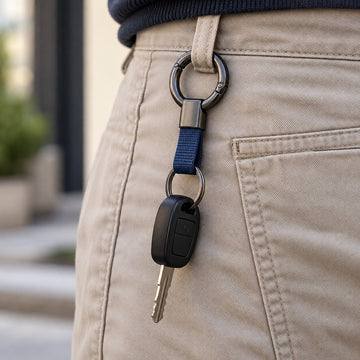Blue Zinc Alloy Carabiner Keychain clipped to a trouser belt loop with a car key attached for easy carrying.
