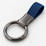 Blue Zinc Alloy Carabiner Keychain showing its circular key ring joined to a secure waist clip.