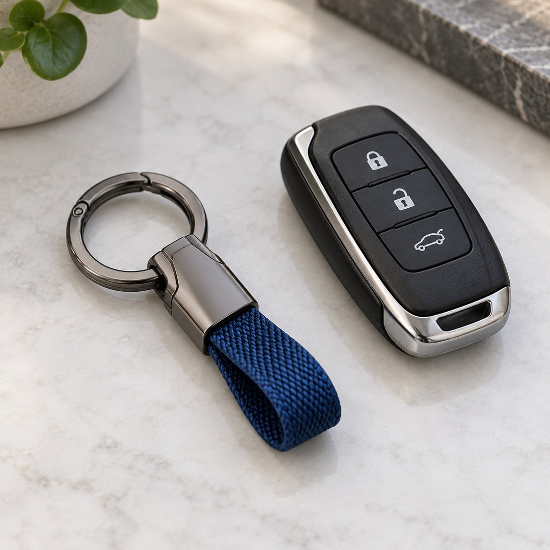 Blue Zinc Alloy Carabiner Keychain beside a car key fob on a tabletop to show its everyday scale.