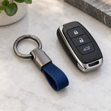 Blue Zinc Alloy Carabiner Keychain beside a car key fob on a tabletop to show its everyday scale.