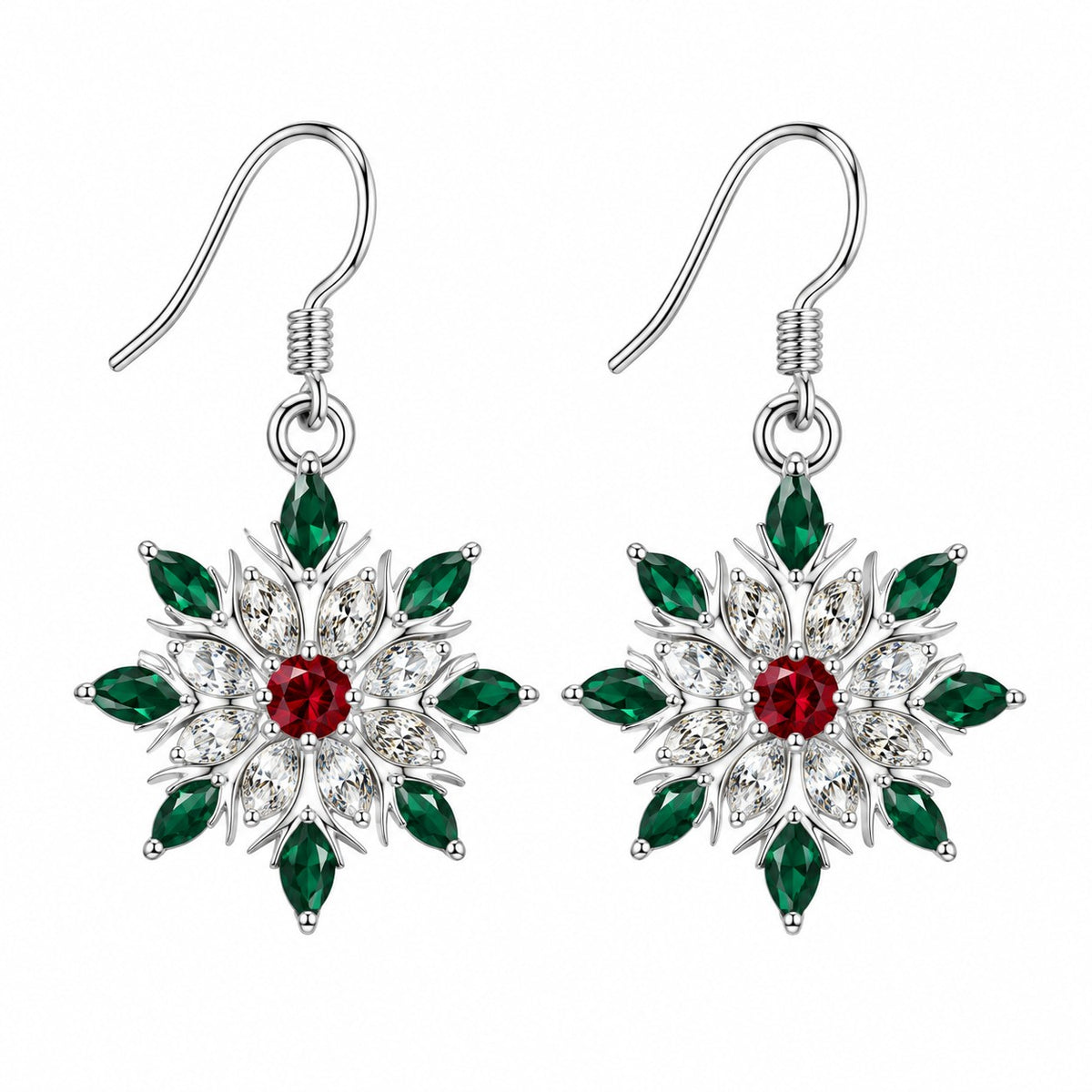 A matching pair of red and green accented snowflake stud earrings on a pure white background.