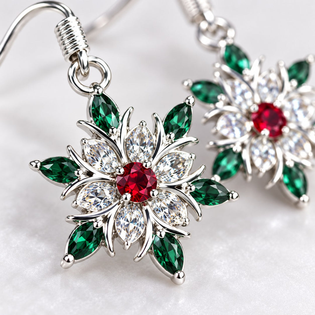 Macro detail reveals faceted clear stones, polished silver-tone metal, and colorful accents.