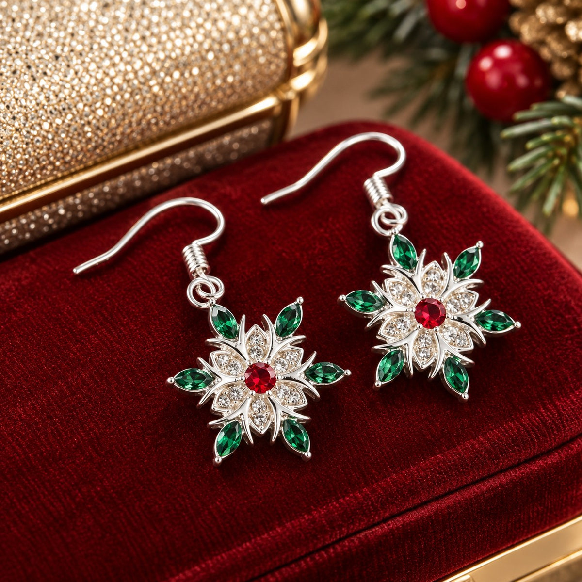Snowflake starburst earrings add red and green sparkle to a festive evening dressing table.