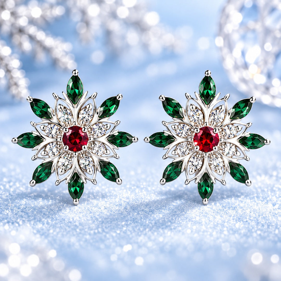 Sparkling snowflake starburst earrings show clear stones and colorful centers against icy blue.