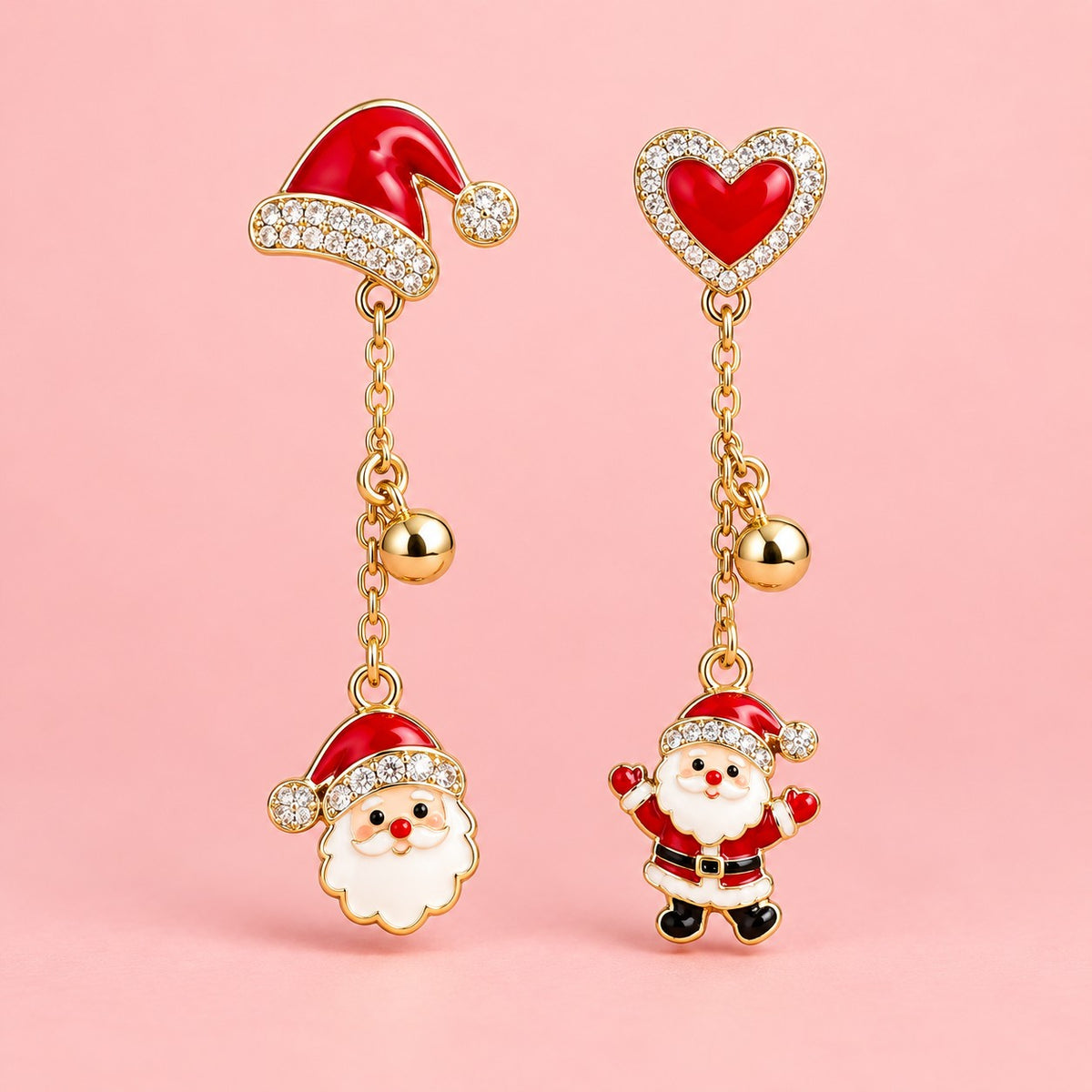 Red heart and Santa earrings with gold-tone drops on a pale blush studio backdrop.
