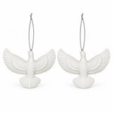 The set includes two white acrylic dove ornaments with silver hanging cords on a white background.