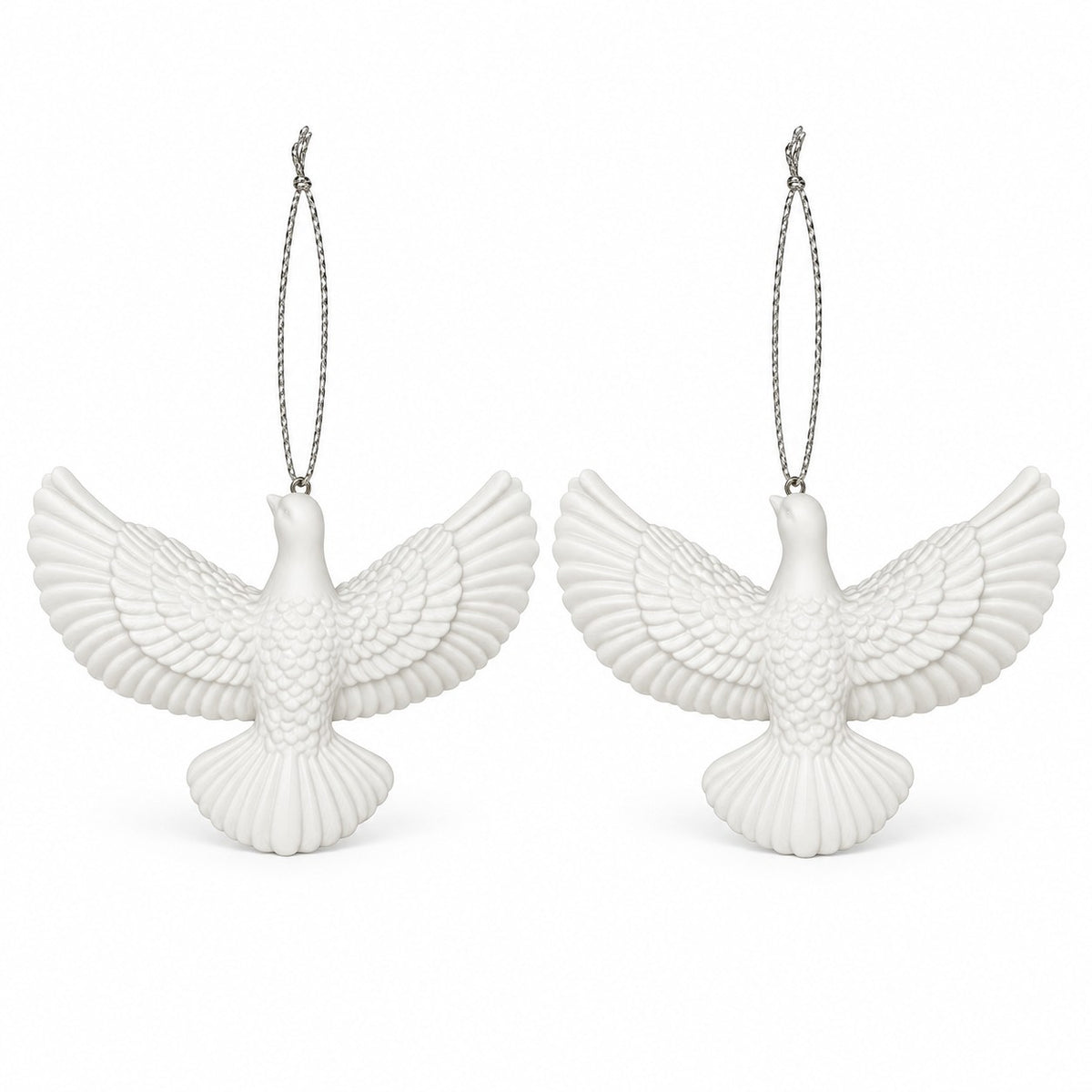 The set includes two white acrylic dove ornaments with silver hanging cords on a white background.