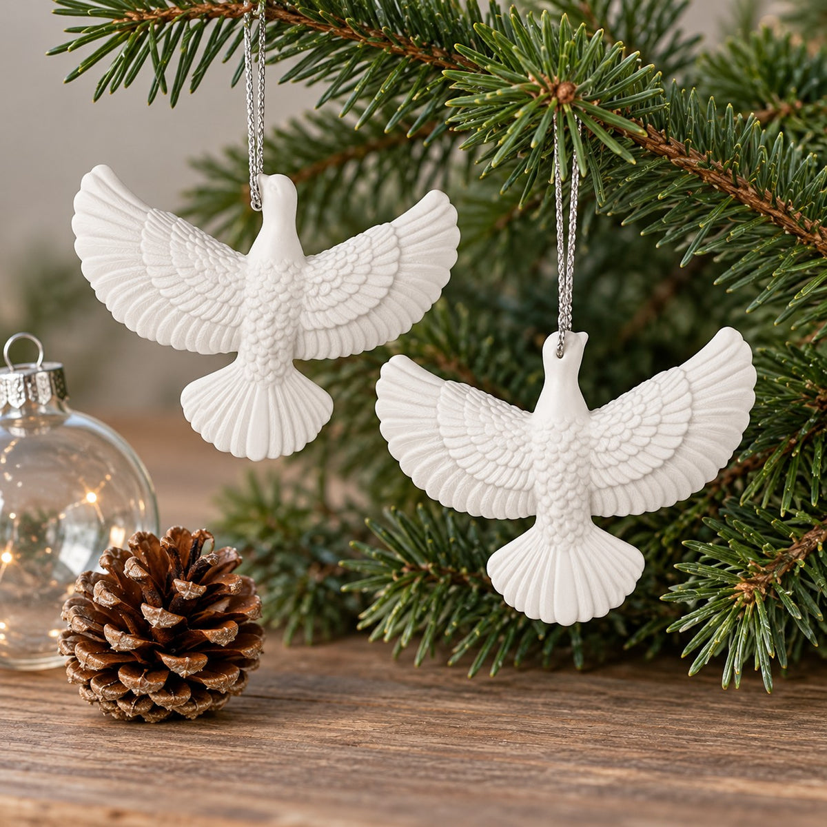 Two white acrylic dove ornaments sit beside a pinecone and glass bauble to show their compact scale.