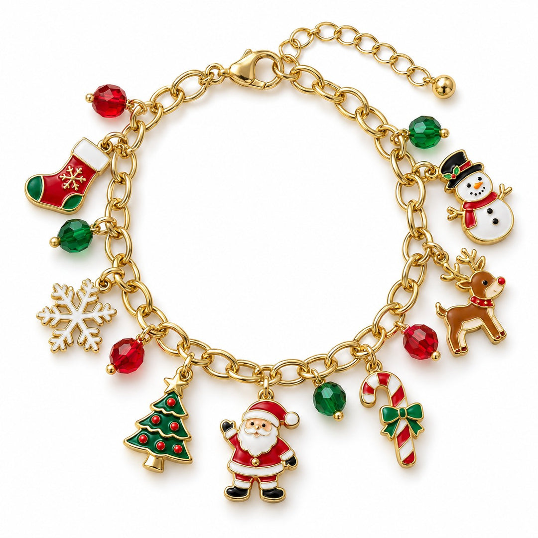Complete Christmas charm bracelet shown alone on white with its festive pendants, chain, clasp and extension.