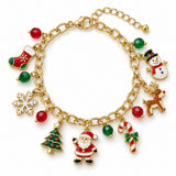 Complete Christmas charm bracelet shown alone on white with its festive pendants, chain, clasp and extension.