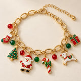 Adjustable Christmas charm bracelet arranged open to show its colorful enamel pendants, linked chain and extension clasp.