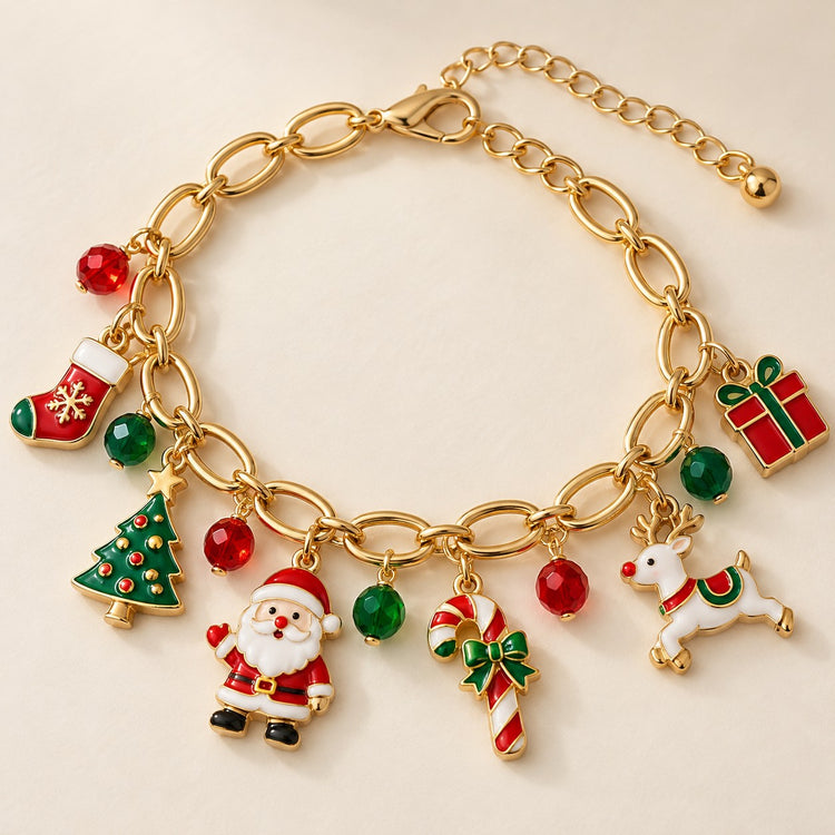 Adjustable Christmas charm bracelet arranged open to show its colorful enamel pendants, linked chain and extension clasp.