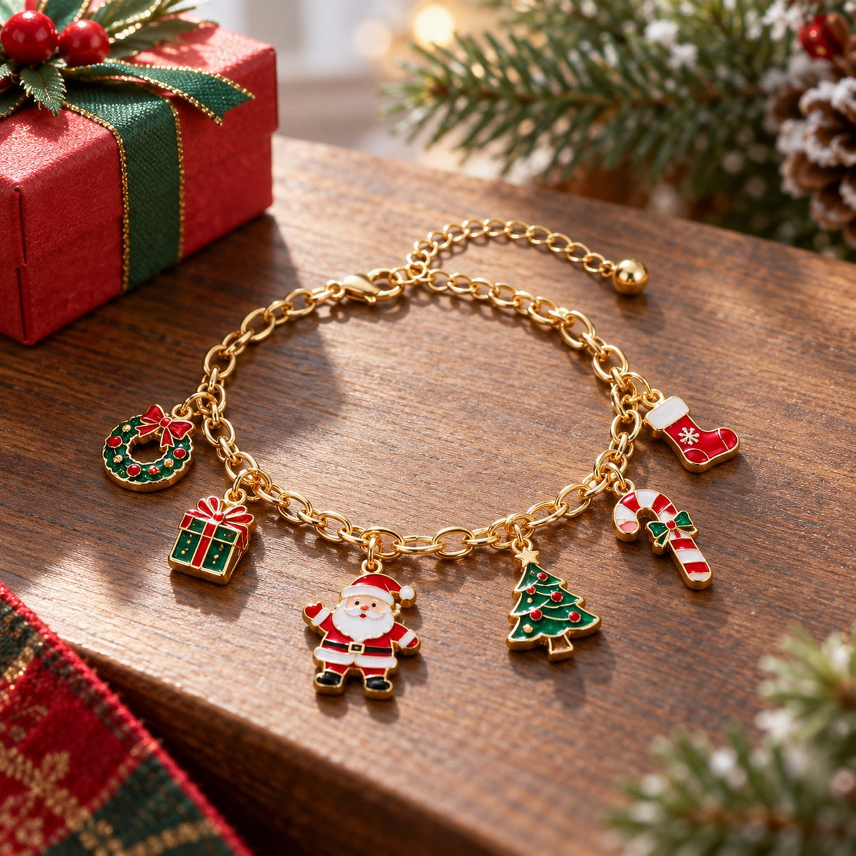 Christmas charm bracelet beside a wrapped holiday gift on a softly lit festive table with evergreen nearby.