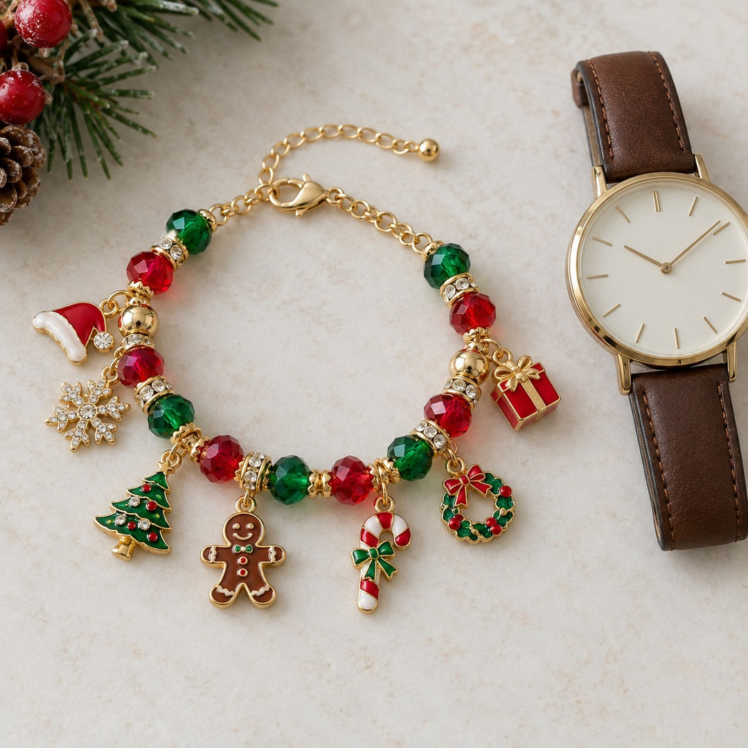 Adjustable Christmas charm bracelet beside an unmarked wristwatch to show its jewelry scale and extension chain.