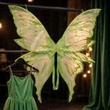 Translucent fairy wings with green glitter patterns hang beside a green dress against a dark backdrop with warm lights.