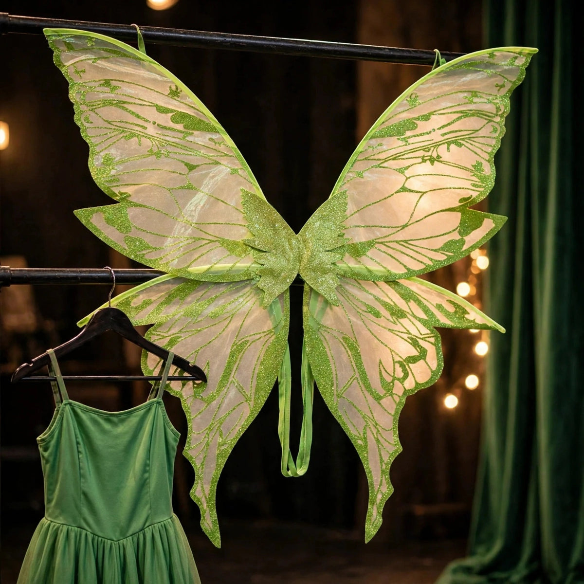 Translucent fairy wings with green glitter patterns hang beside a green dress against a dark backdrop with warm lights.