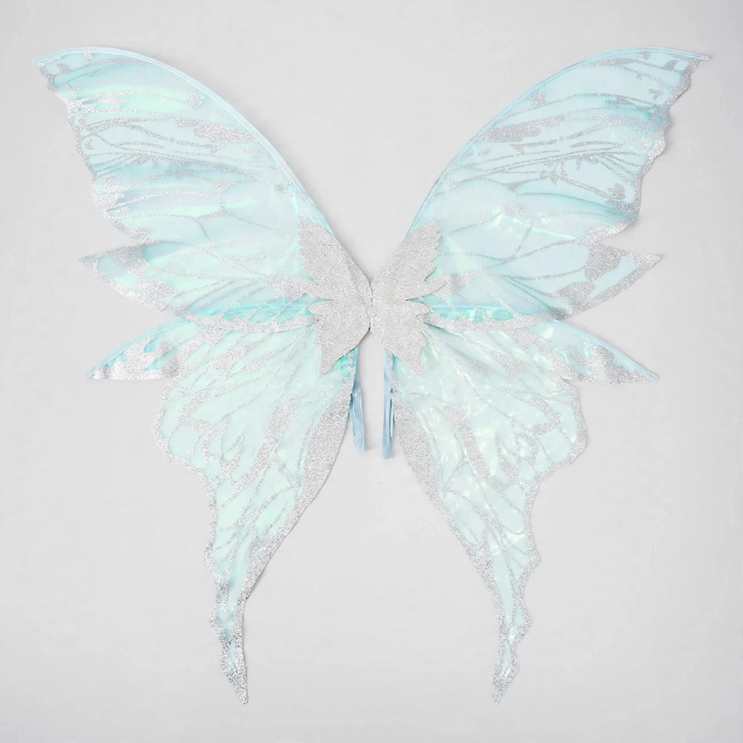 Silver fairy wings feature iridescent panels with pale blue reflections, glittery vein patterns, and long lower tips against a light gray background.
