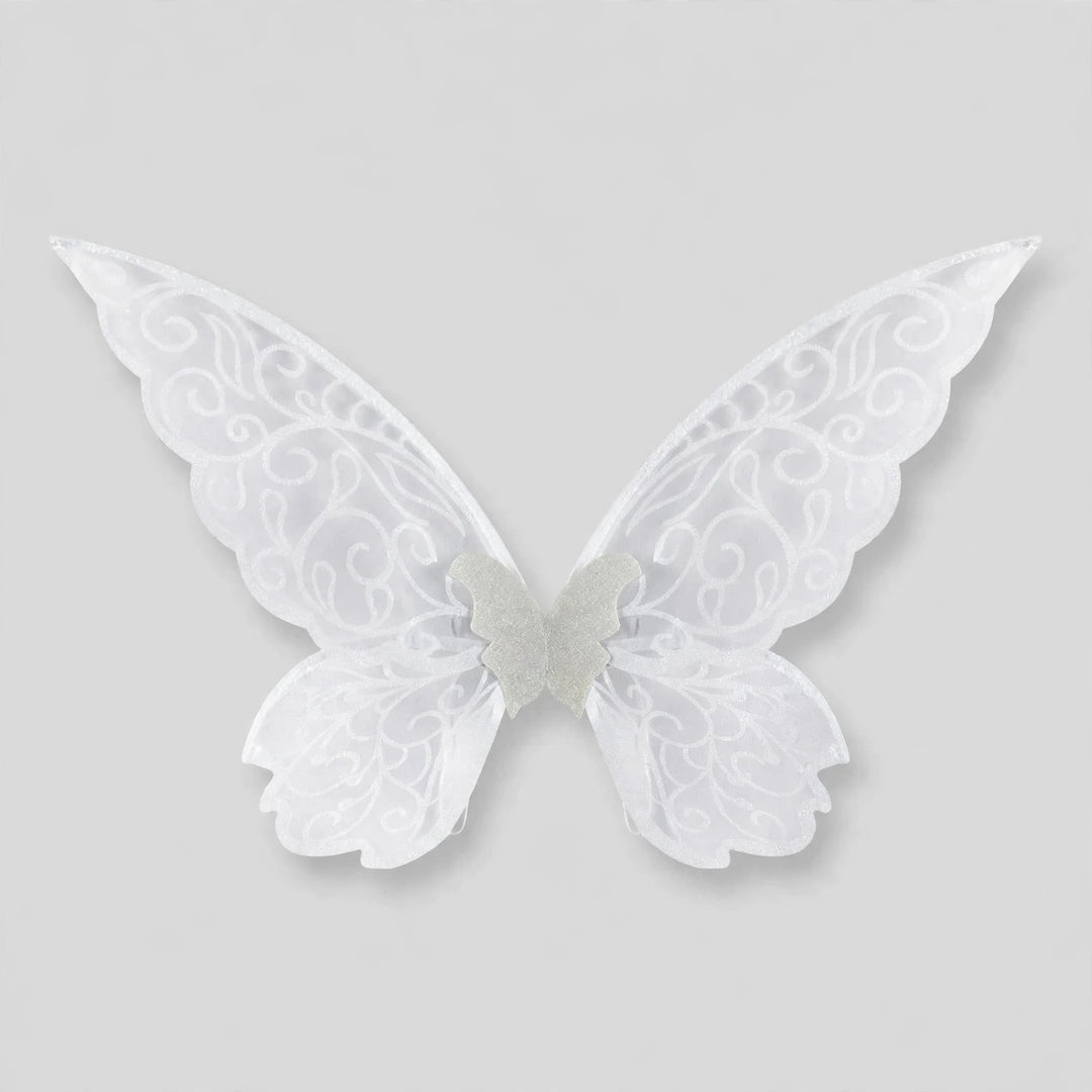White fairy wings with swirling patterns, translucent panels, and scalloped edges spread against a light gray background.