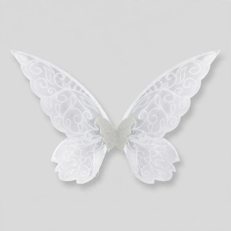 White fairy wings with swirling patterns, translucent panels, and scalloped edges spread against a light gray background.