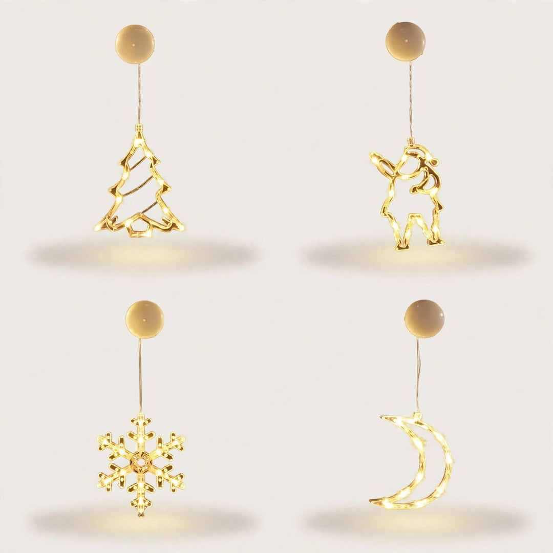 Four illuminated clear ornaments shaped as a Christmas tree, Santa, snowflake, and crescent moon hang beneath round cream housings against white.