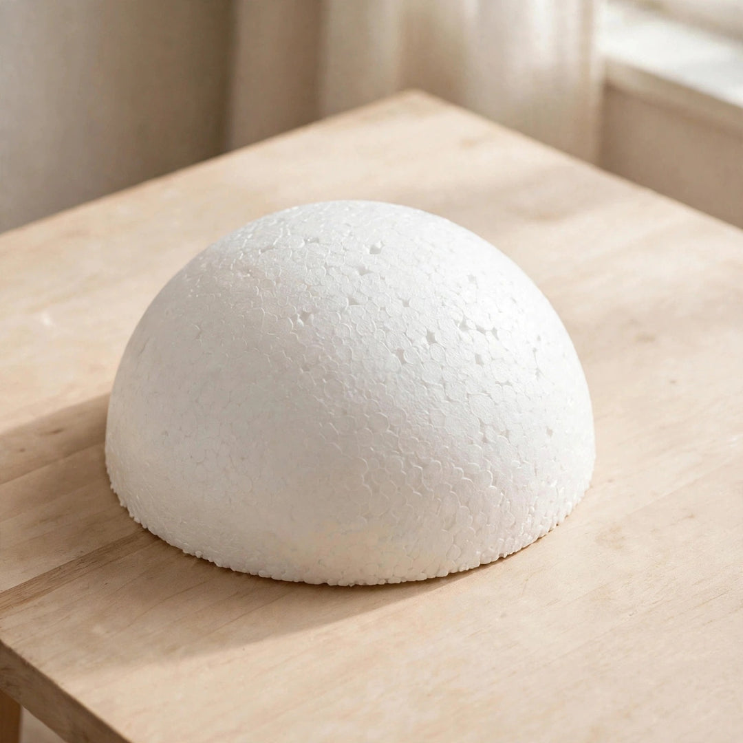 A white polystyrene foam half ball with visible bead texture rests on a pale wooden table beside a softly lit window.