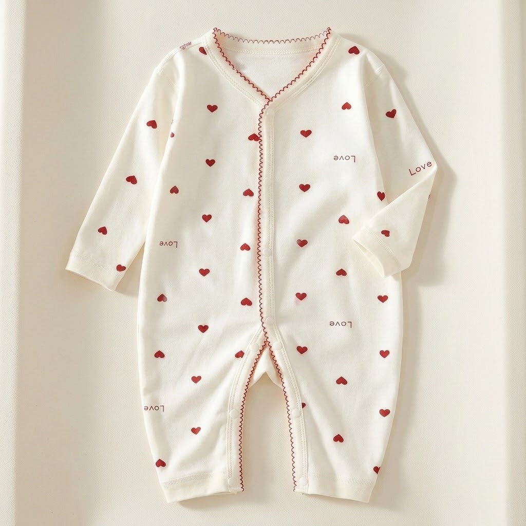 Cream long-sleeve baby romper with red hearts, Love lettering and red scalloped trim lies flat on a cream background.