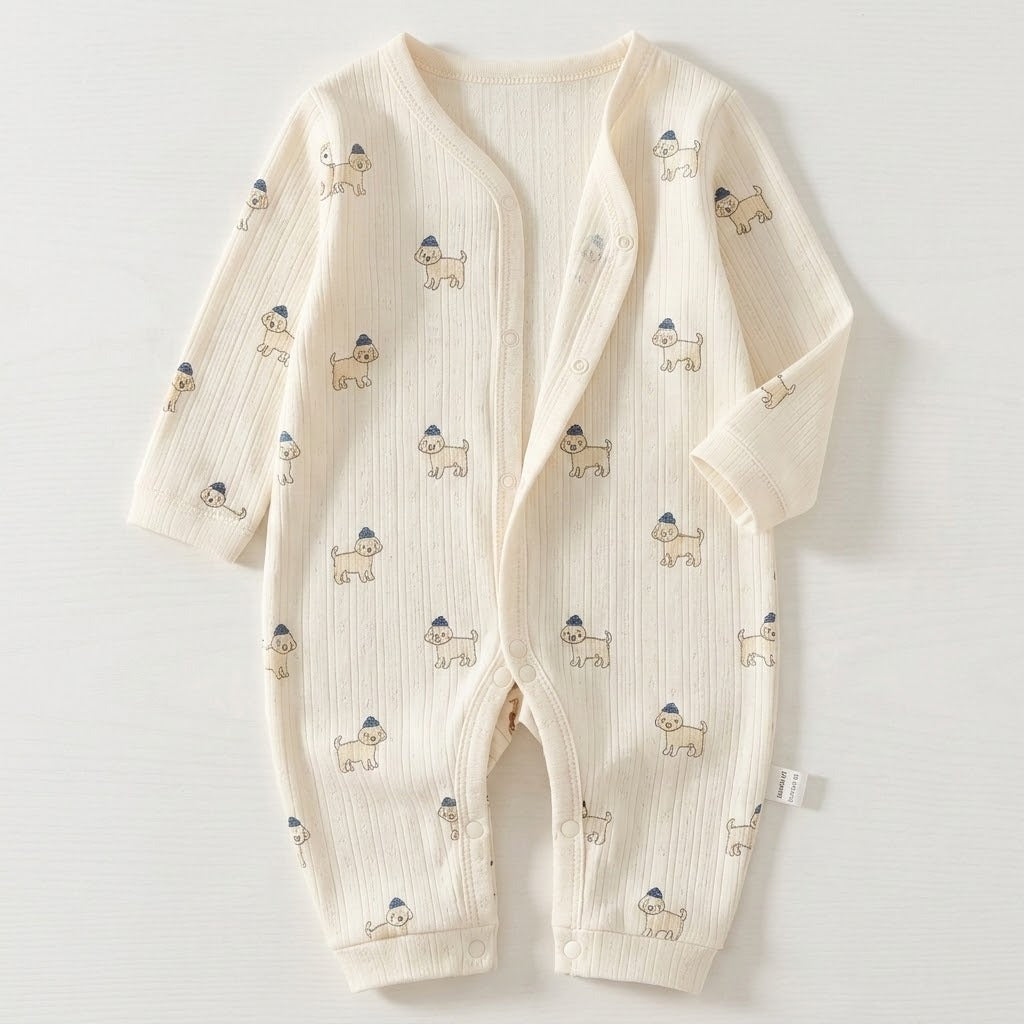 Cream ribbed baby romper with small dog prints and a partially open snap front lies flat on a white background.