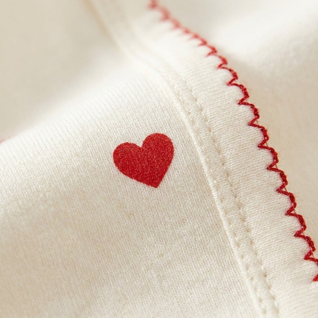 Close-up of cream cotton baby romper fabric with a red heart print and red zigzag stitching along the edge.