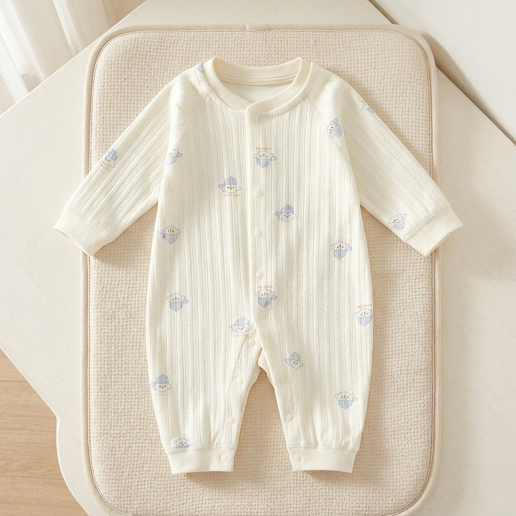 Cream ribbed baby romper with pale-blue motifs and cuffed sleeves and legs lies on a beige textured cushion.