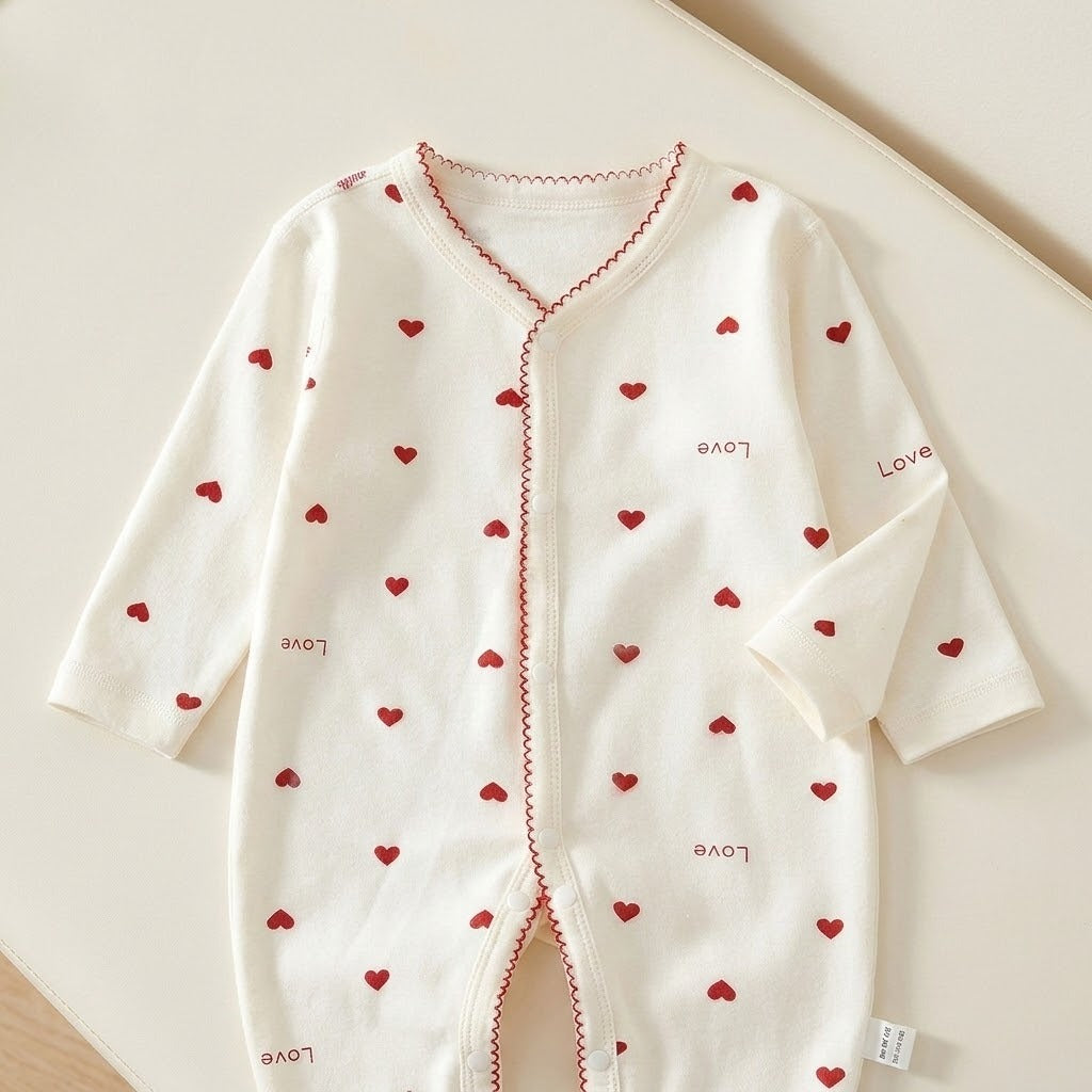 Cream baby romper with red hearts, Love lettering and scalloped red trim lies on a pale surface, with lower legs cropped.
