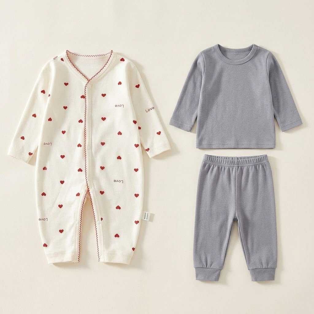 Cream heart-print baby romper lies beside a plain gray long-sleeve top and matching cuffed pants on a cream background.