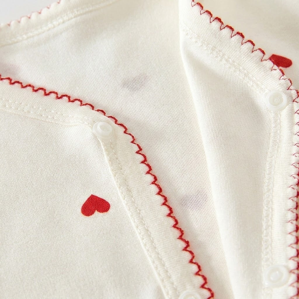 Close-up of a cream baby romper neckline showing red scalloped stitching, heart prints and white snap fasteners.