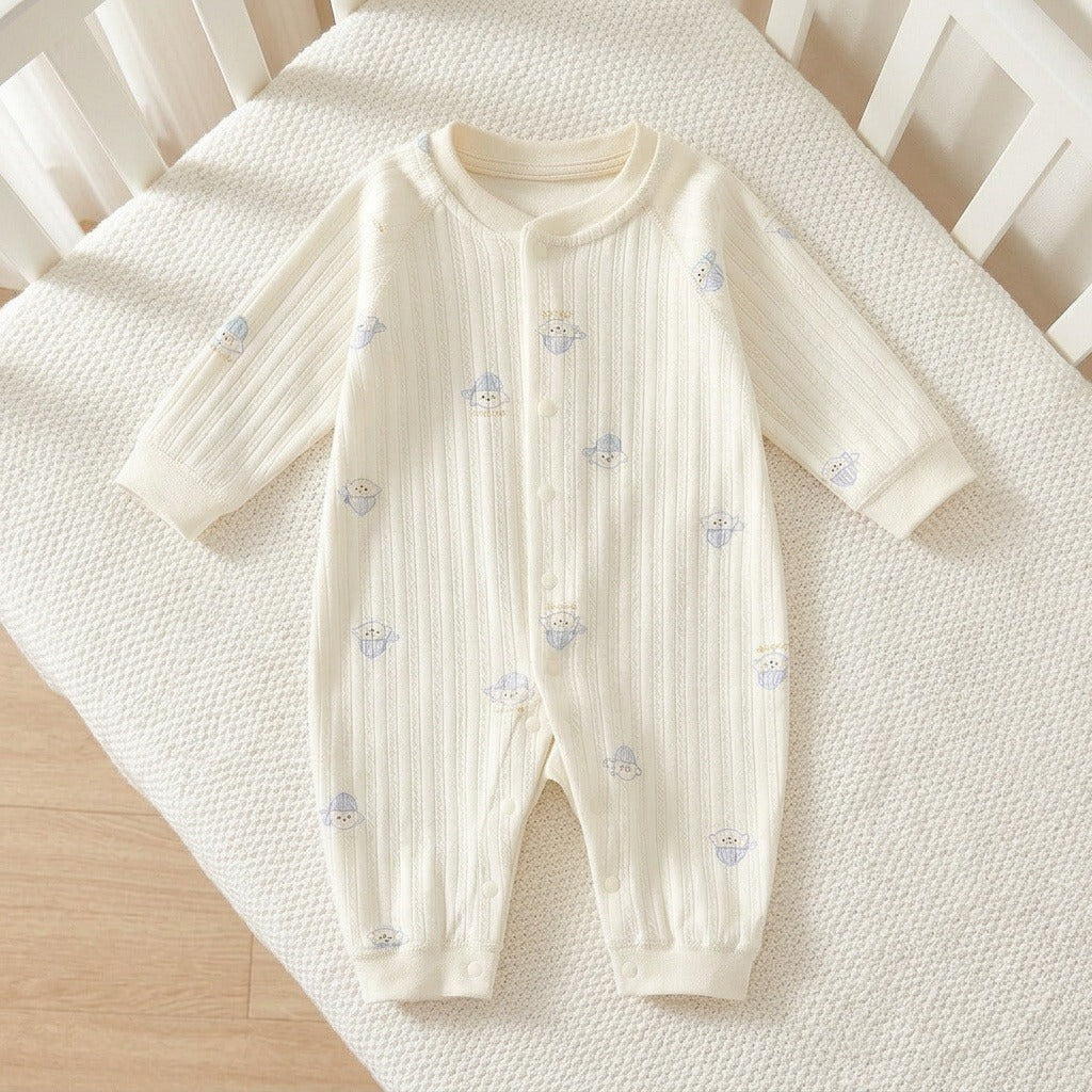 Cream ribbed baby romper with pale-blue motifs lies on a white knitted blanket beside white crib rails and light wooden flooring.