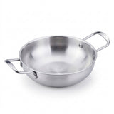 A stainless steel paella pan with two loop handles is shown against a clean white background.