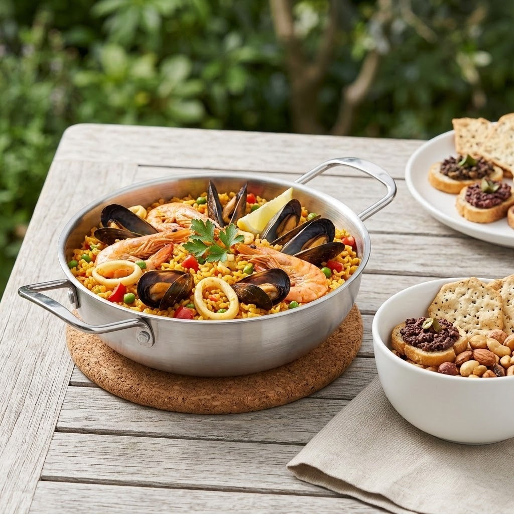 A stainless steel paella pan filled with seafood paella, mussels, shrimp, and lemon wedges, sitting on a cork trivet on a weathered wooden table. A white bowl of appetizers and a plate of bread are visible on the right, with a blurred green garden background.