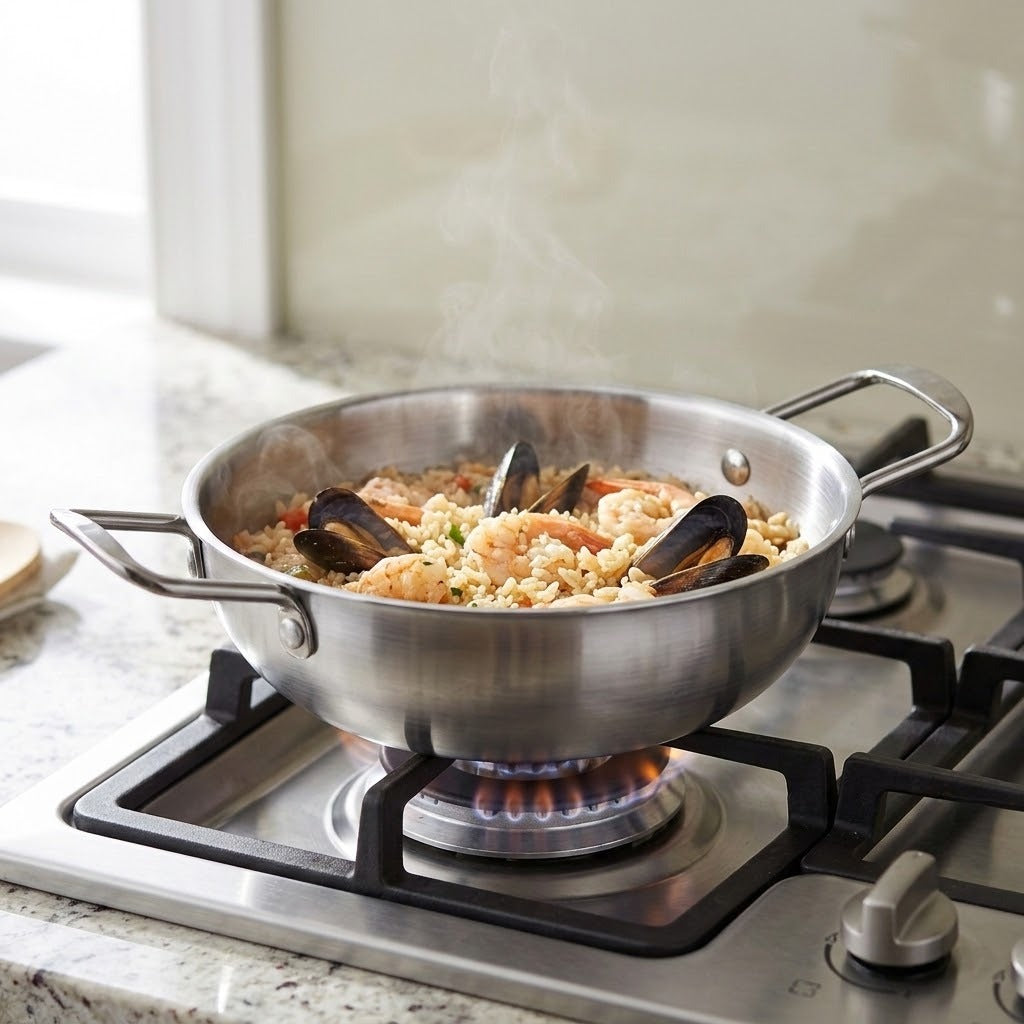 A stainless steel saute pan filled with seafood paella cooking on a gas stovetop, with steam rising from the food in a kitchen setting.