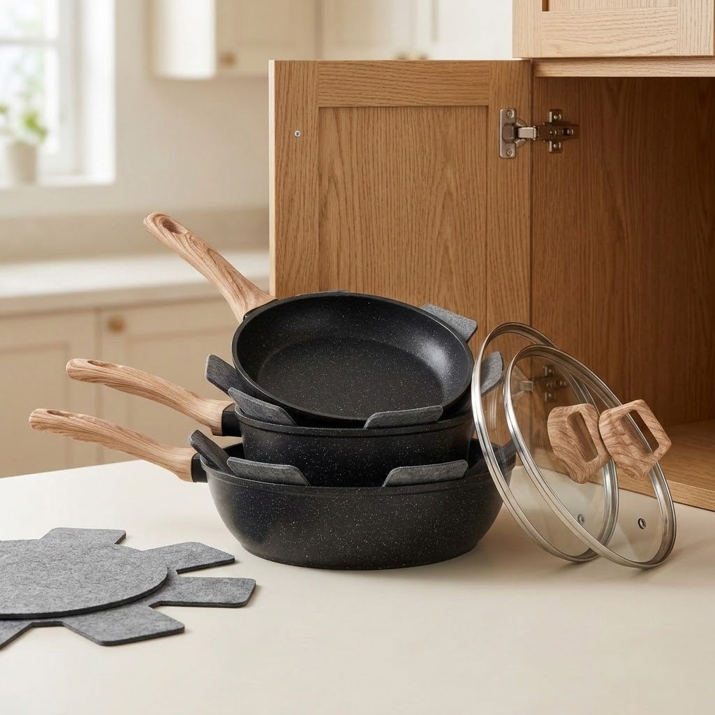 Black speckled cookware set with wood-look handles, glass covers, and gray pan protectors stacked on a counter beside an open wooden cabinet.