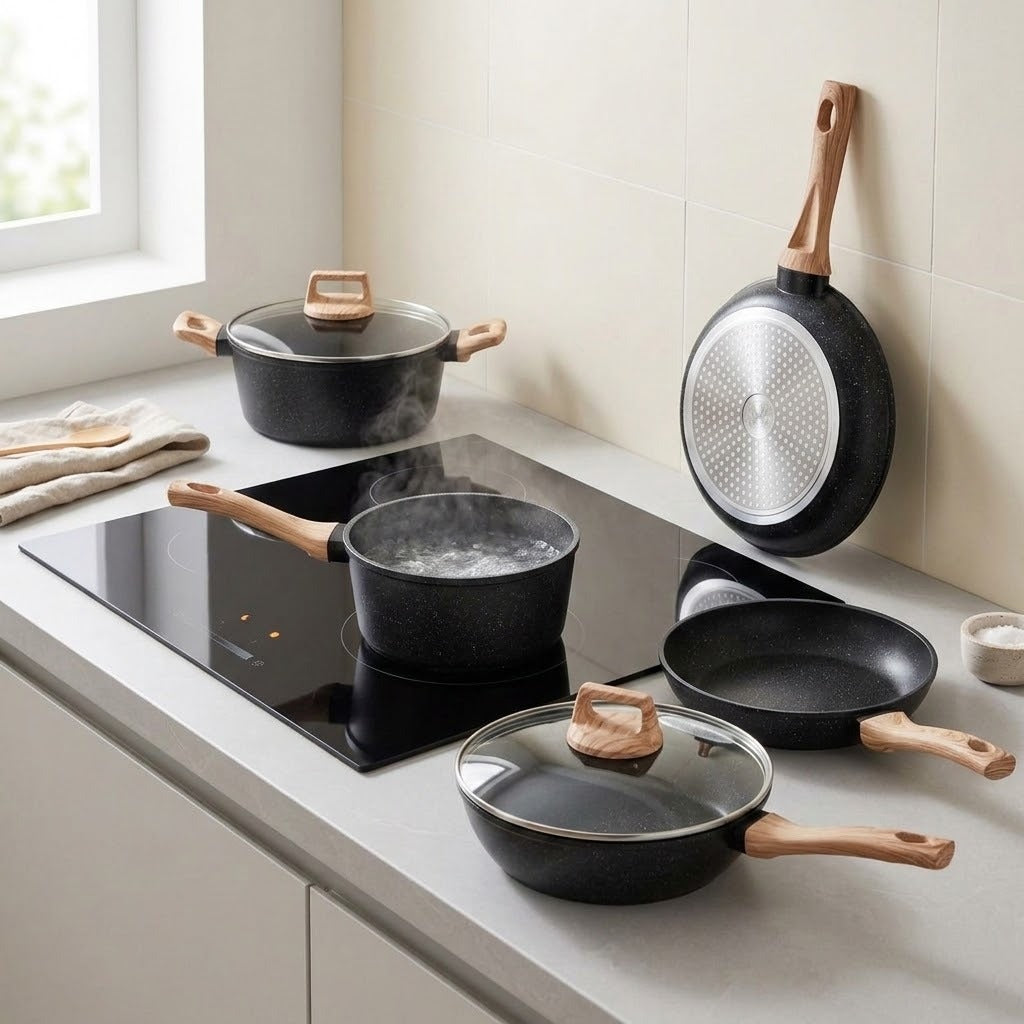 A set of black non-stick cookware with light wood handles and glass lids, arranged on a modern kitchen countertop next to a black induction cooktop. The set includes two pots, two pans, and a hanging pan against a tiled wall.