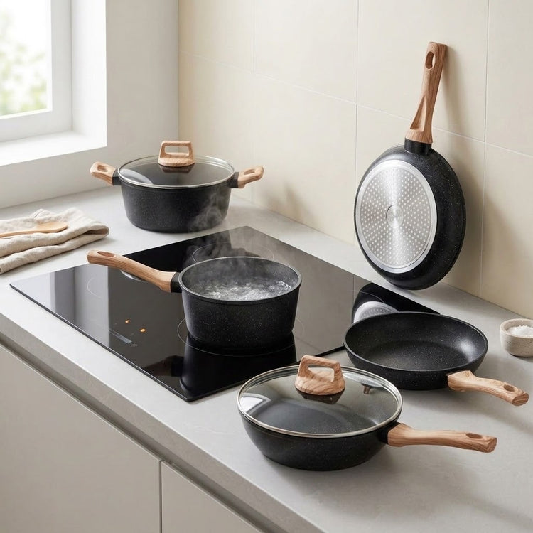 A set of black non-stick cookware with light wood handles and glass lids, arranged on a modern kitchen countertop next to a black induction cooktop. The set includes two pots, two pans, and a hanging pan against a tiled wall.