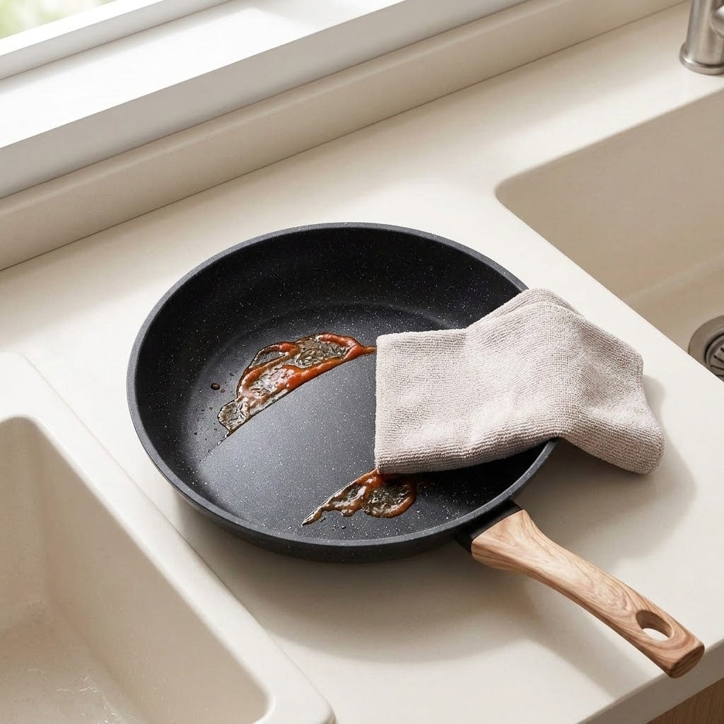 Black cookware set frying pan with a wood-look handle, food residue, and a cleaning cloth resting on a counter beside a sink.