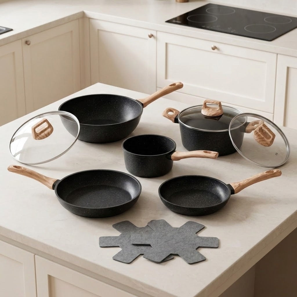A 6-piece black non-stick cookware set with light wood handles and clear glass lids, arranged on a cream-colored kitchen countertop with matching cabinets in the background.