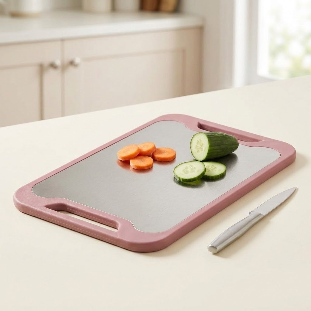 A rectangular cutting board with a dusty pink frame and a gray non-slip surface, shown on a kitchen counter with sliced carrots, cucumber pieces, and a small knife.