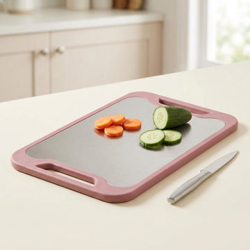 A rectangular cutting board with a dusty pink frame and a gray non-slip surface, shown on a kitchen counter with sliced carrots, cucumber pieces, and a small knife.