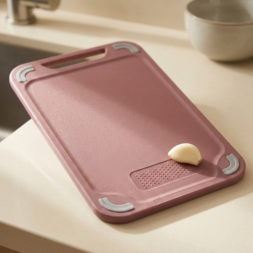 A rectangular pink plastic cutting board with gray corner bumpers and a handle cutout, resting on a beige countertop with a garlic clove on its surface.