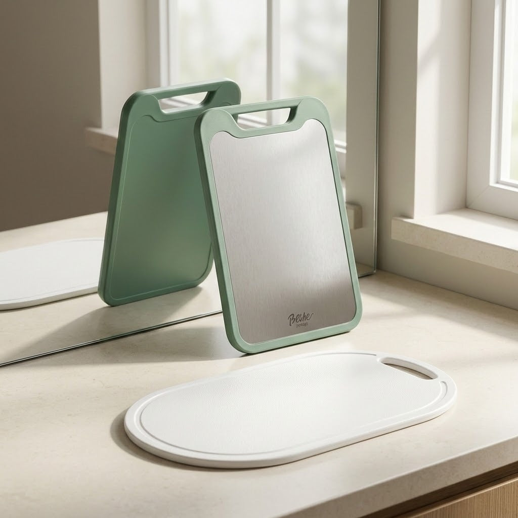 A set of three kitchen cutting boards on a light beige countertop near a window: two sage green boards standing upright, one lying flat, and a white oval board in the foreground.