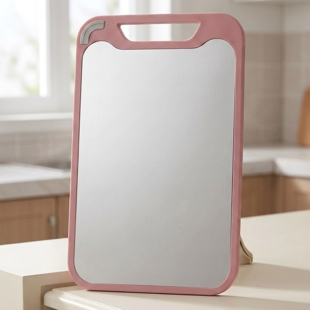 A pink-framed stainless steel cutting board with an integrated handle stands upright on a sunlit kitchen counter.